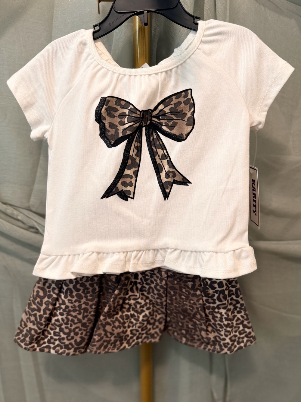 Girls Cream Short-Sleeve Top with Leopard Bow and Matching Skirt